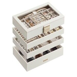SONGMICS JEWELRY BOX WITH GLASS LID, 4-LAYER JEWELRY ORGANIZER, 3 DRAWERS